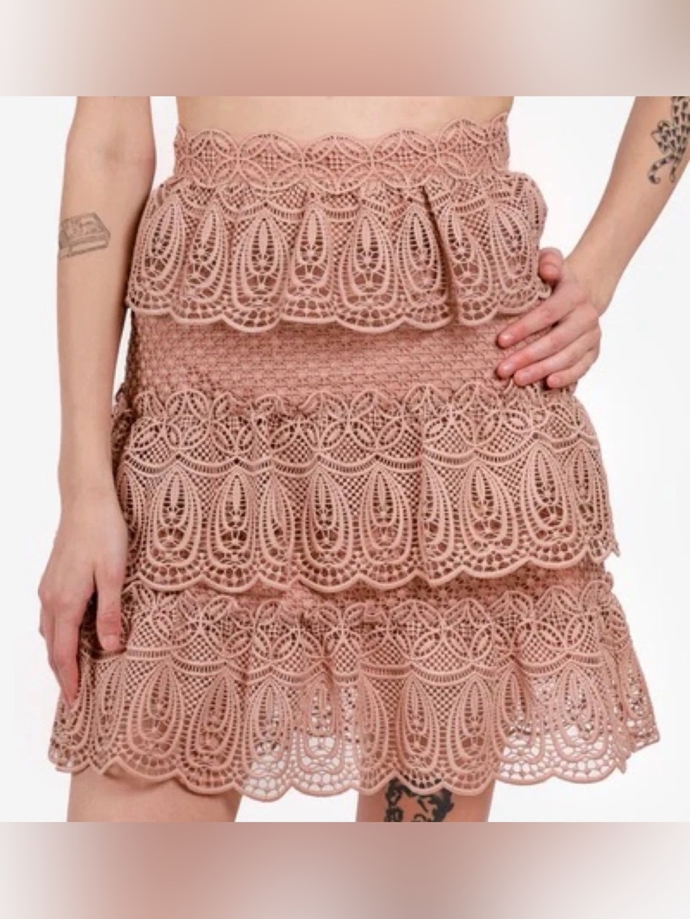 Self-Portrait Blush Pink Tiered Lace Mini Skirt